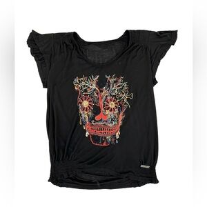 VNTG John Galliano Skull Embroidered Black Smocked Bottom Grunge goth Top ZS M‎